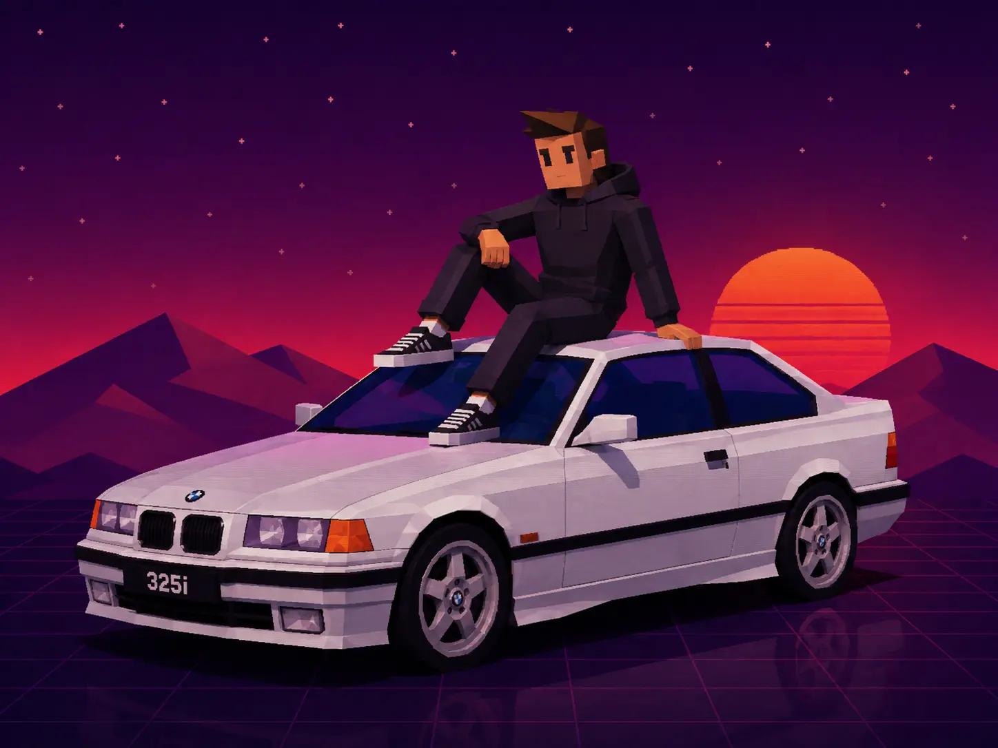 Ilustración low-poly de un desarrollador sentado sobre un automóvil frente a un paisaje retro